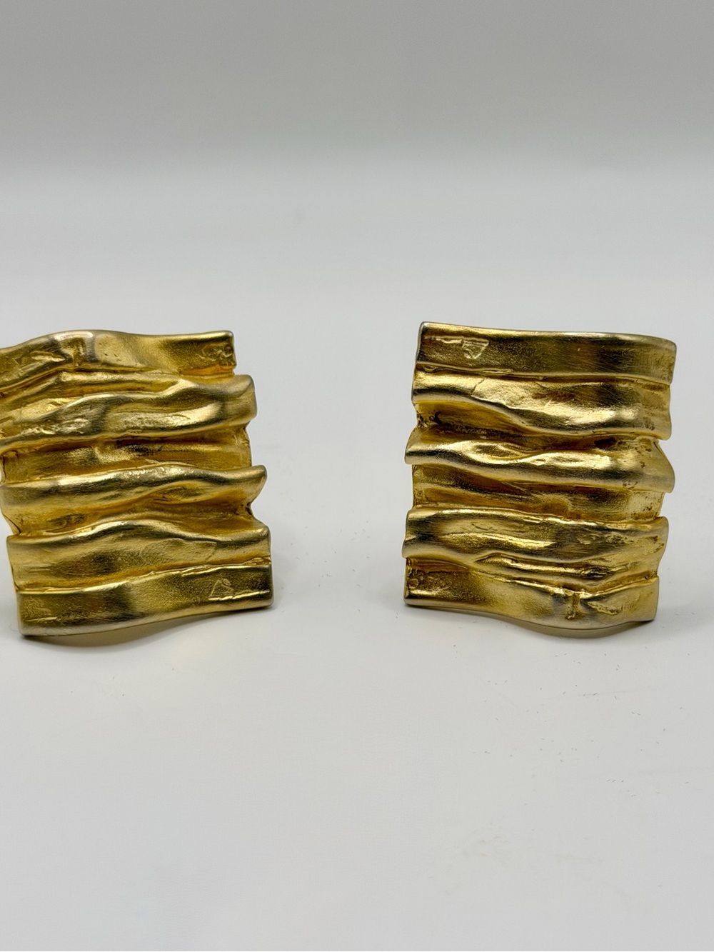 Vintage Courreges Paris Heavy Gold Tone Wavy Statement Clip On Earrings⁠